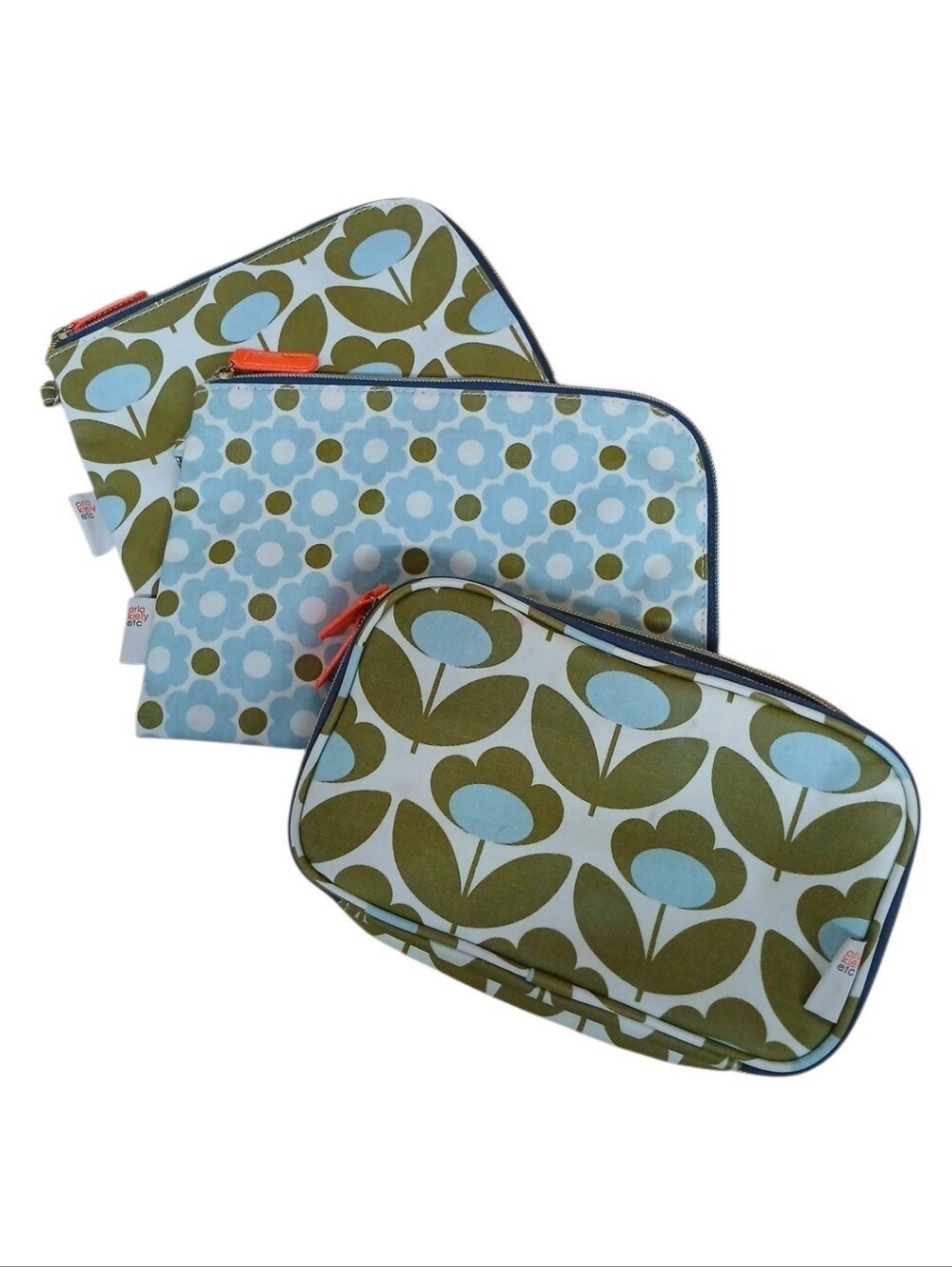 Orla Kiely Olive Green and Light Blue Retro Floral Cosmetic Pouch Set Of 3